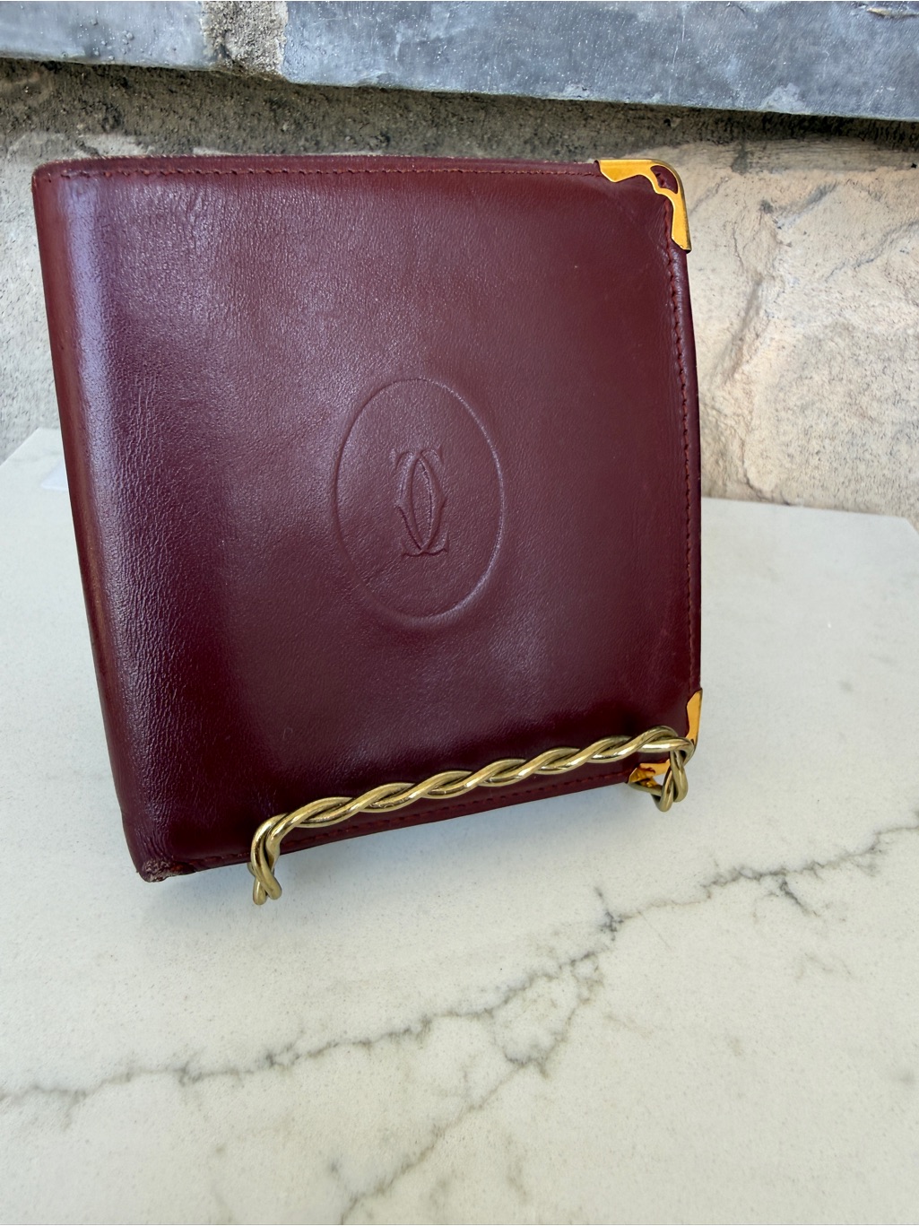 Cartier Unisex Leather Wallet Burgundy Calfskin Gold Corners Classic Luxury